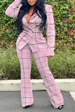 Pink Casual Plaid Patchwork Turndown Collar Long Sleeve Two Pieces