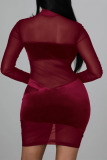 Black Sexy Solid Patchwork See-through Mesh Half A Turtleneck One Step Skirt Dresses
