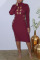 Burgundy Sexy Solid Hollowed Out Split Joint Turtleneck One Step Skirt Dresses