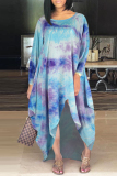 Sky Blue Fashion Casual Regular Sleeve Long Sleeve O Neck Printed Dress Floor Length Print Tie Dye Dresses