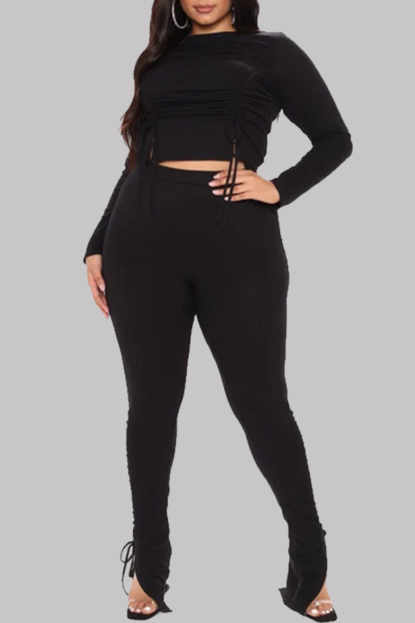 Black Fashion Casual Solid Draw String O Neck Plus Size Two Pieces