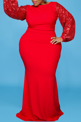 Red Elegant Solid Patchwork Sequins O Neck Long Sleeve Plus Size Dresses