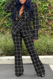 Black Casual Plaid Patchwork Turndown Collar Long Sleeve Two Pieces