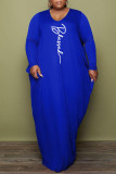 Light Blue Fashion Casual Print Basic V Neck Long Sleeve Plus Size Dresses