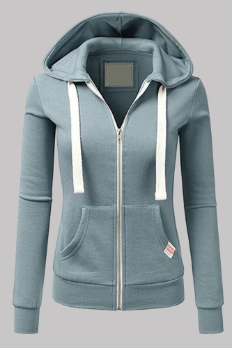 Light Blue Fashion Casual Solid Patchwork Zipper Hooded Collar Outerwear