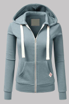 Light Blue Fashion Casual Solid Split Joint Zipper Hooded Collar Outerwear