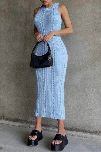 Sky Blue Sexy Casual Solid Basic O Neck Vest Dress