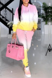 Pink Yellow Fashion Casual Gradual Change Print Basic Hooded Collar Two Pieces