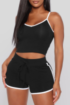 Black Sexy Sportswear Solid Vests Spaghetti Strap Sleeveless Two Pieces