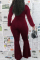 Burgundy Fashion Casual Solid Bandage V Neck Boot Cut Jumpsuits