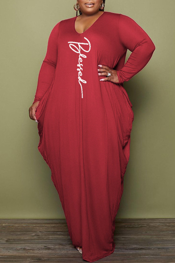 Red Fashion Casual Print Basic V Neck Long Sleeve Plus Size Dresses