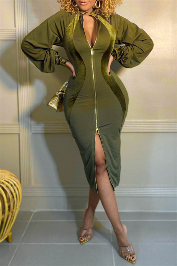 Army Green Fashion Casual Solid Patchwork Zipper Collar Long Sleeve Dresses