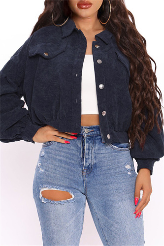 Deep Blue Fashion Casual Solid Cardigan Turndown Collar Outerwear