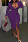 Purple Fashion Casual Solid Zipper V Neck Long Sleeve Plus Size Dresses