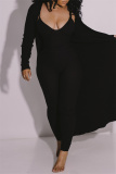 Black Fashion Casual Solid Cardigan V Neck Long Sleeve Two Pieces