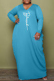 Deep Blue Fashion Casual Print Basic V Neck Long Sleeve Plus Size Dresses