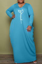Light Blue Fashion Casual Print Basic V Neck Long Sleeve Plus Size Dresses