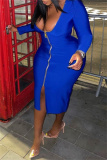 Blue Fashion Casual Solid Zipper V Neck Long Sleeve Plus Size Dresses