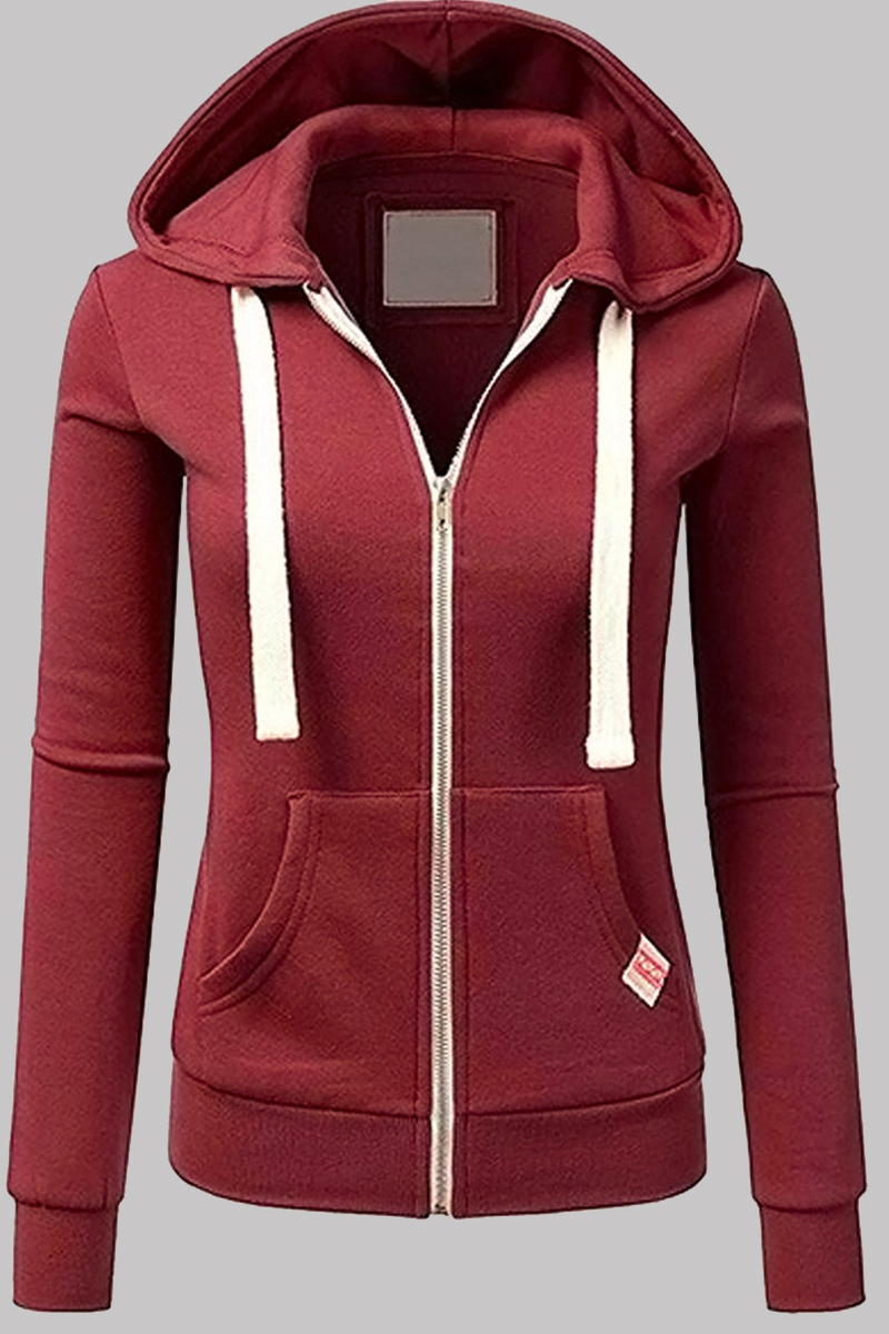 Wholesale Burgundy Fashion Casual Solid Patchwork Zipper Hooded Collar ...