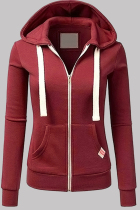 Burgundy Fashion Casual Solid Split Joint Zipper Hooded Collar Outerwear