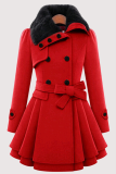 Red Fashion Elegant Buckle With Belt Turndown Collar Outerwear