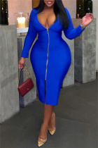 Blue Fashion Casual Solid Zipper V Neck Long Sleeve Plus Size Dresses