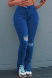 Blue Casual Solid Ripped Split Joint Slit High Waist Boot Cut Denim Jeans