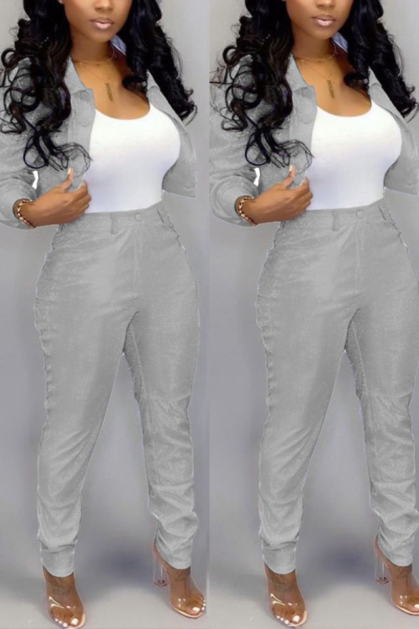 Silver Fashion Casual Long-Sleeved Jacket Two-Piece Suit