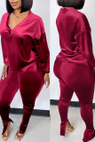Burgundy Casual Solid Patchwork V Neck Long Sleeve Two Pieces