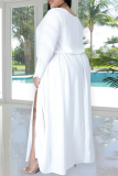 White Fashion Casual Solid Slit O Neck Plus Size Two Pieces