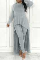 Grey Casual Solid Patchwork Asymmetrical O Neck Long Sleeve Two Pieces