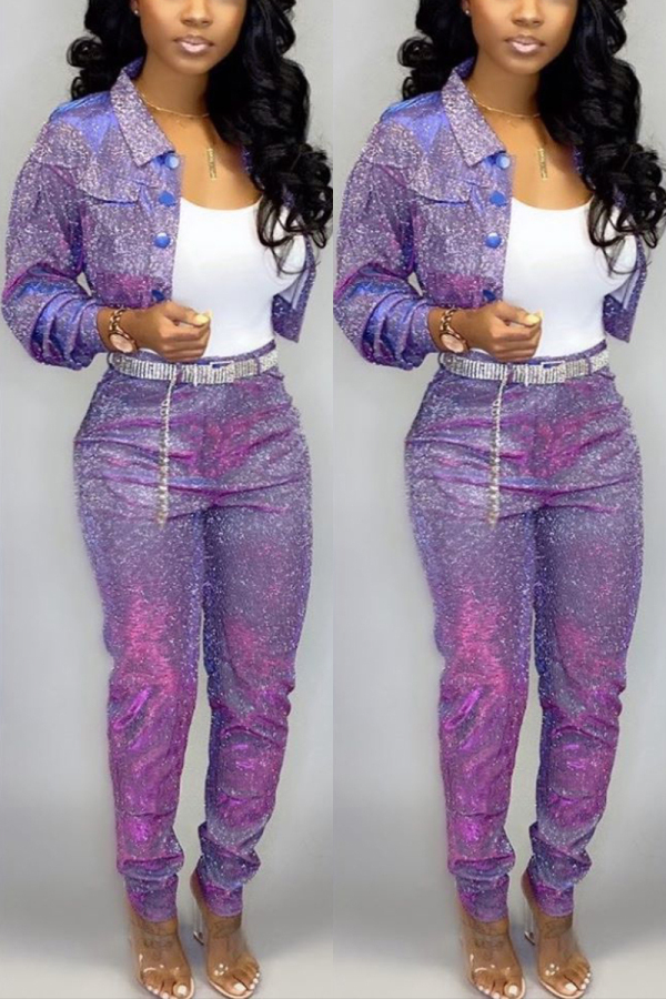 Purple Fashion Casual Long-Sleeved Jacket Two-Piece Suit