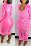 Pink Sexy Solid Split Joint Draw String Fold V Neck One Step Skirt Dresses