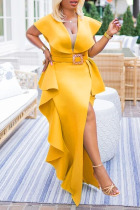 Yellow Fashion Celebrities Solid Split Joint V Neck Irregular Dresses