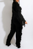 Black Casual Street Solid Tassel Patchwork O Neck Long Sleeve Two Pieces