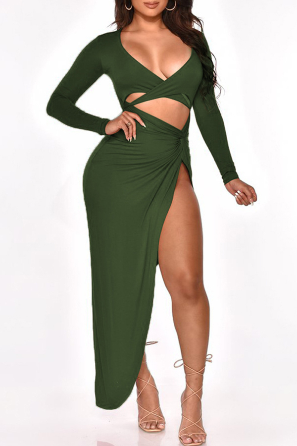 Green Fashion Sexy Solid Hollowed Out Slit V Neck Long Sleeve Dresses