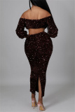 Burgundy Fashion Sexy Solid Sequins Patchwork Off the Shoulder Long Sleeve Two Pieces