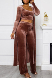 Brown Fashion Casual Solid Cardigan Vests Pants U Neck Long Sleeve Three-piece Set