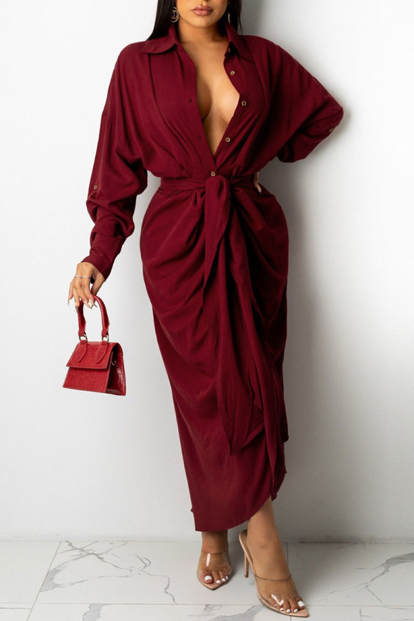 Burgundy Casual Solid Patchwork Buckle Fold With Belt Turndown Collar Dresses