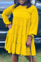 Yellow Casual Patchwork O Neck Princess Plus Size Dresses
