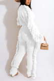 Apricot Casual Street Solid Tassel Patchwork O Neck Long Sleeve Two Pieces