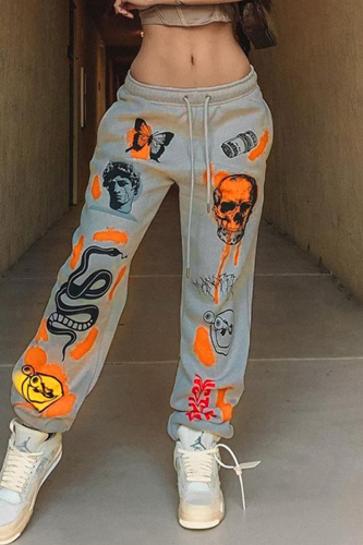 Grey Fashion Casual Skull Head Print Basic Regular Mid Waist Trousers