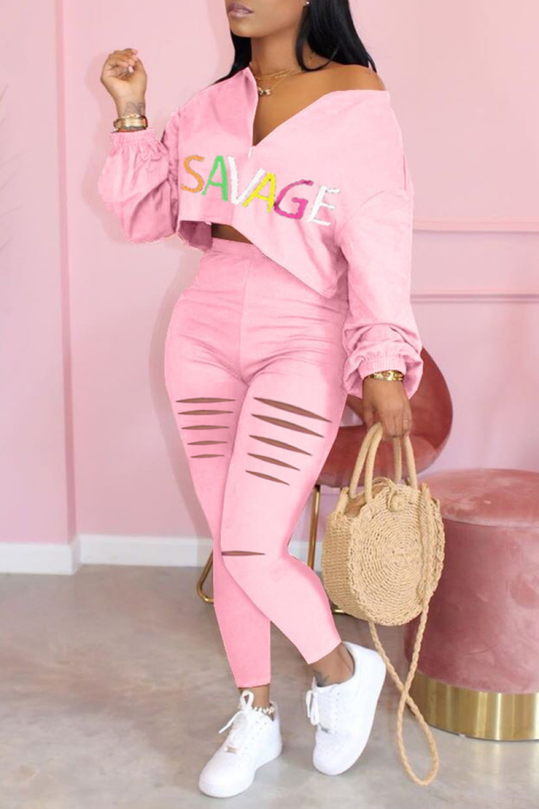 Pink Fashion Casual Letter Print Ripped Zipper Collar Long Sleeve Two Pieces