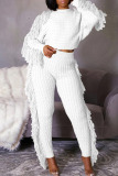 White Casual Street Solid Tassel Patchwork O Neck Long Sleeve Two Pieces
