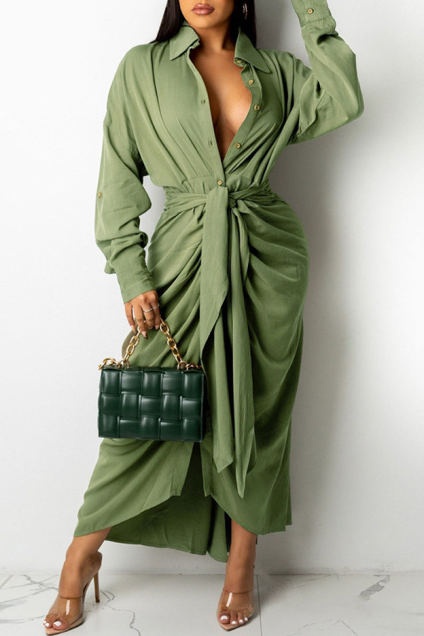 Green Casual Solid Patchwork Buckle Fold With Belt Turndown Collar Dresses