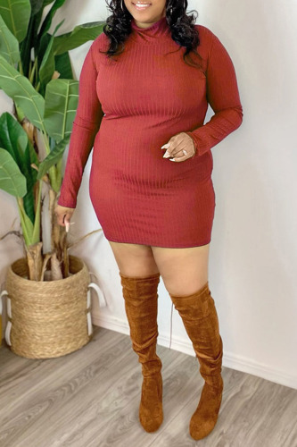 Red Black Turtleneck Long Sleeve Plus Size Bodycon Ribbed Knit Mini Dress for Daily Wear Party