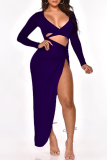 Purple Fashion Sexy Solid Hollowed Out Slit V Neck Long Sleeve Dresses