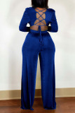 Blue Sexy Solid Patchwork Frenulum Backless Fold V Neck Long Sleeve Two Pieces