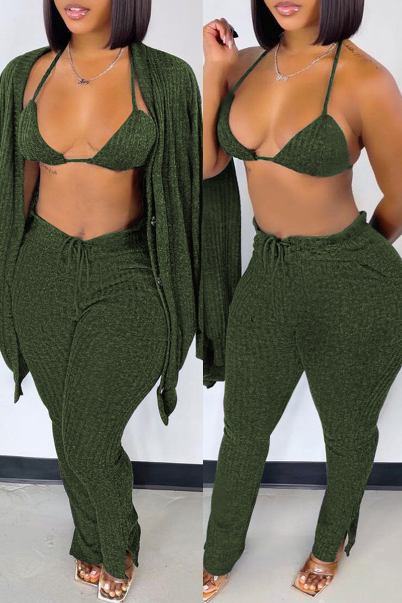 

Green Fashion Casual Solid Cardigan Vests Pants Long Sleeve Three-piece Set