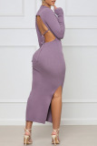 Light Purple Sexy Solid Patchwork Frenulum Backless Slit V Neck One Step Skirt Dresses